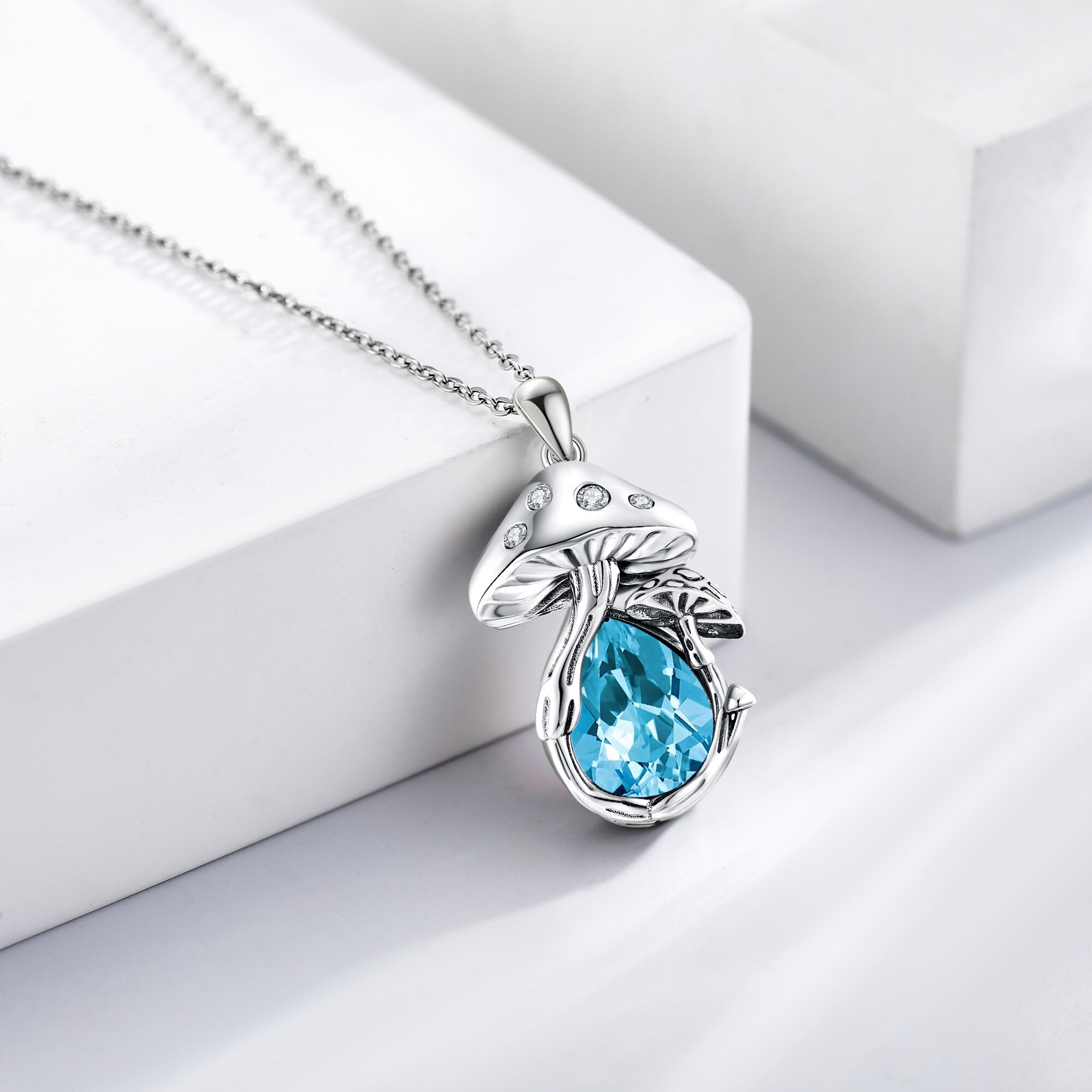 925 Sterling Silver March Birthstone Mushroom Necklace